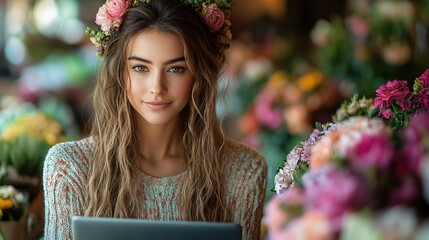 Poster - young female flower shop owner using laptop at counter professional woman florist standing by floral display table in modern and bright floral boutique setting