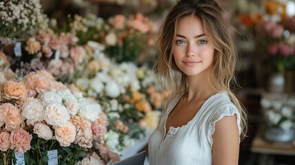 Poster - young female flower shop owner using laptop at counter professional woman florist standing by floral display table in modern and bright floral boutique setting