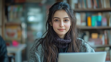 Poster - young indian woman studying online with laptop and notebook at home office e learning and remote work concept