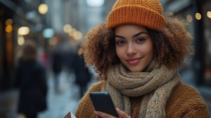 Poster - young woman using smartphone while holding shopping bags in a busy urban street setting