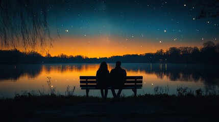 Poster - romantic couple enjoying stargazing on a park bench at night
