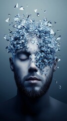 Poster - A mystical portrait of a man with a crystalline face, refracting colors like a prism, surrounded by floating shards of light, ethereal glow, hyper-realistic textures, digital surrealism,