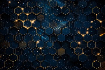 Wall Mural - wallpaper background with tiny glowing hexagons, a blue and gold color gradient, bokeh lights, and a