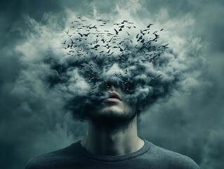 Poster - a surreal self-portrait of a person dissolving into a flock of birds, as if their essence is merging