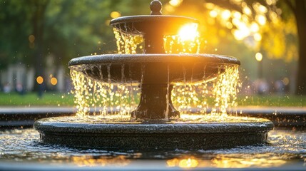 Wall Mural - Park fountain with cascading water at sunset