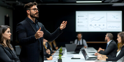 Poster - marketing director leading product launch meeting corporate office business strategy session profess