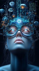 Poster - a mystical portrait of a woman with a third eye opening into a portal of infinite space, surrounded 