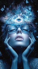 Poster - A mystical portrait of a woman with a third eye opening into a portal of infinite space, surrounded by floating runes, glowing aura, metaphysical surrealism, highly detailed textures