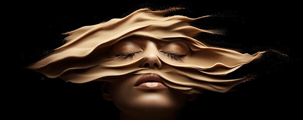 Poster - a surreal portrait of a man whose face is made of shifting sand, slowly being carried away by the wi
