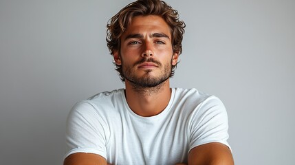 Poster - sad handsome man sulking feeling regret and looking upper left corner over isolated white background