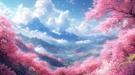 Poster - sakura blossoms and clouds in anime style a wide angle view of a japanese landscape