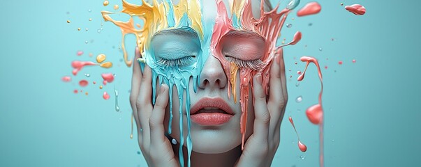 Poster - A surreal self-portrait of a person with their face melting into a cascade of rainbow-colored paint, abstract dreamscape, artistic surrealism, high-definition textures