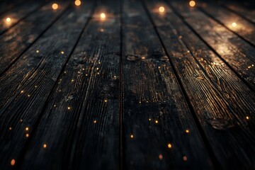 Wall Mural - Wooden table with dreamy bokeh lights