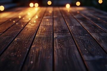 Wall Mural - Wooden table with dreamy bokeh lights