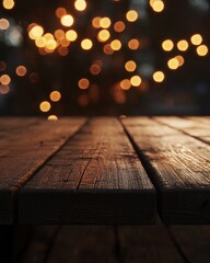 Wall Mural - Wooden table with dreamy bokeh lights