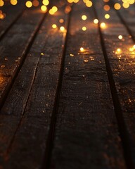 Wall Mural - Wooden table with dreamy bokeh lights