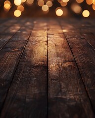 Wall Mural - Wooden table with dreamy bokeh lights