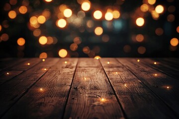 Wall Mural - Wooden table with dreamy bokeh lights