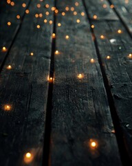 Wall Mural - Wooden table with dreamy bokeh lights