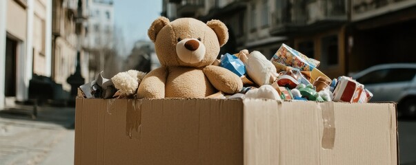 cute teddy bear among colorful discarded toys in a cardboard box on a city street during daylight