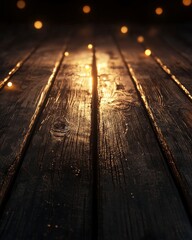Wall Mural - Wooden table with dreamy bokeh lights