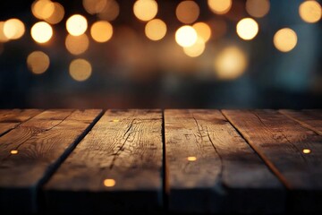 Wall Mural - Wooden table with dreamy bokeh lights