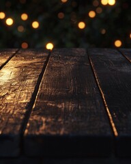 Wall Mural - Wooden table with dreamy bokeh lights