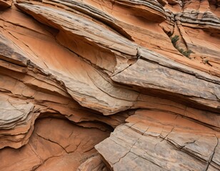 Poster - Eroded Rock Formations. Ancient Strata Displaying Orange and Brown Hues. Geological Wonder. Horizontal Bands. Curved Patterns. Textures Showcase Nature's Art. Vegetation Adds Life. Time's Sculpted