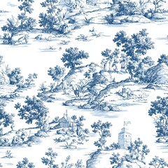 Poster - Classic Toile Pastoral Scenes Muted Seamless Pattern Design for Textile and Wallpaper