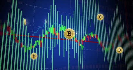 Poster - Image of bitcoin signs, digital data processing over screen