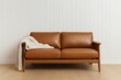 © Who is Santi - A modern living room with light oak wooden paneling on the walls, featuring a brown leather loveseat in the center.