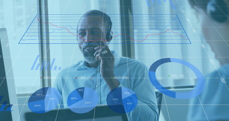 Poster - Image of financial data processing over african american businessman talking on phone headset