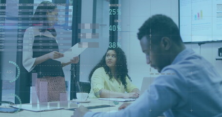 Poster - Image of financial data processing over diverse colleagues discussing work in office