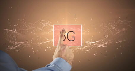Wall Mural - image of caucasian businessman using screen with 5g text and shapes