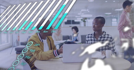 Poster - Image of financial data processing over diverse colleagues discussing work in office