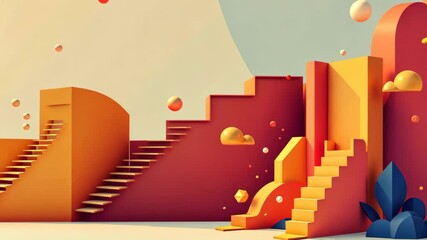 Leinwandbilder - A colorful background with a yellow and orange staircase. The staircase is made of blocks and is located in the middle of the background