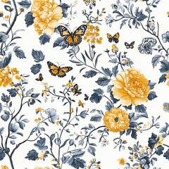 Poster - Vibrant Garden Toile Seamless Pattern with Butterflies Bees and Blooming Flowers