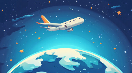 Wall Mural - A stylized commercial airplane flies above Earth surrounded by a cosmic blue sky with stars in a dreamy digital illustration of space travel  
