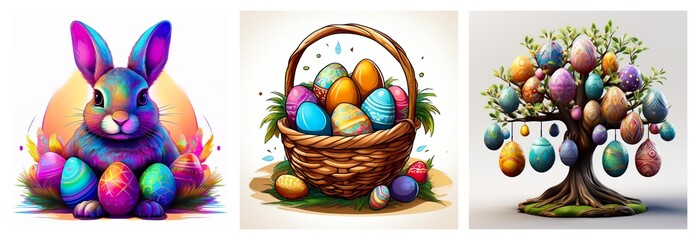 Poster - Three Easter scenes: a colorful bunny with painted eggs, a wicker basket filled with bright eggs, and a tree decorated with Easter eggs.