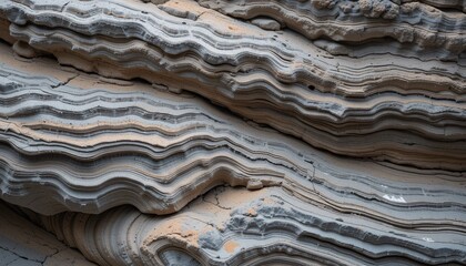 Poster - Striking Rock Layers. Wavy Sandstone Formations. Earth's Natural Beauty Displayed. Intricate Patterns of Gray and Beige. Geological Wonder. Scenic Texture. Undulating Lines. Natural History Unveiled.