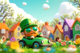 A whimsical leprechaun driving a green car through a colorful flower-filled village under a bright sky