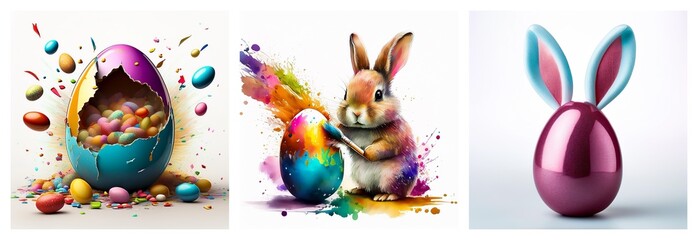 Poster - Vibrant Easter trio: a cracked egg with candy, a bunny painting an egg, and an egg with bunny ears. Festive, colorful, and joyful spring holiday scenes.