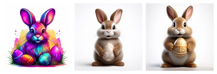 Poster - Cute bunnies and Easter eggs are presented in three different styles. One bunny is colorful, while the other two are brown and holding decorative eggs.