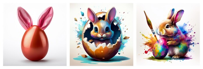 Poster - Description: Three Easter themed images showing a bunny egg with ears, a bunny hatching from an egg, and a bunny painting a colorful egg.