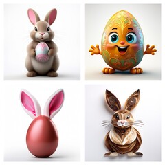 Poster - A collage showcases four Easter-themed images.  Cute bunnies and decorated eggs are featured in different styles, celebrating the spring holiday.
