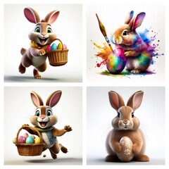 Poster - Four cute Easter bunnies are depicted in four panels. One bunny is running with a basket of colorful Easter eggs, and another is painting an egg with vibrant colors.