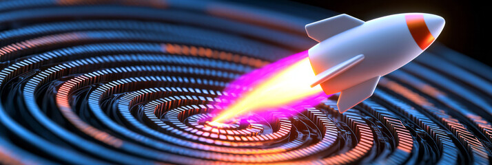 Poster - An upward spiral of data charts in the background, the rocket streaking through them as a powerful