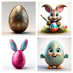 Poster - Four festive Easter eggs are showcased. One is intricately gold, another is being painted by a bunny, one has bunny ears, and the last is a cartoon egg with a happy face.