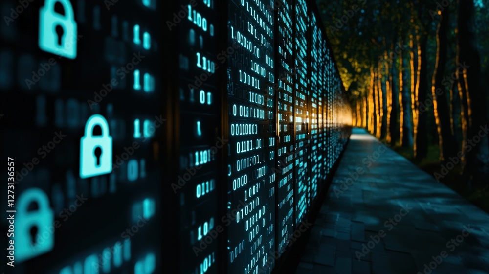 Digital Security Concept Represented by Glow and Lock Icons Along a ...