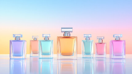 Aufkleber - Contemporary arrangement of reflective perfume bottles, emphasizing luxury packaging against a